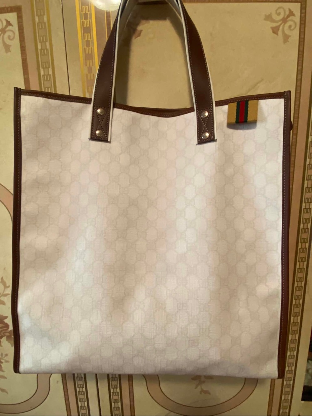 Gucci White Canvas Tote with Brown Leather Trim and Gold Hardware